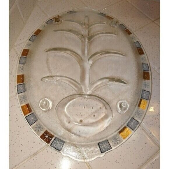 Vintage Inland Glass MCM Clear Meat Platter Atomic Gold Black Starburst tray - Picture 9 of 9